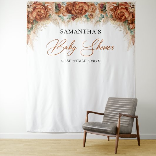 Boho tropische terracotta pampas gras baby shower wandkleed (In situ)