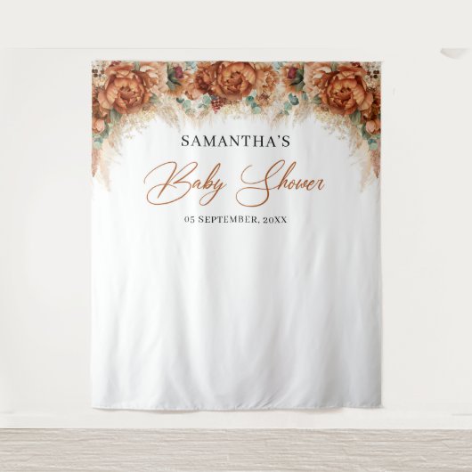 Boho tropische terracotta pampas gras baby shower wandkleed (Voorkant)