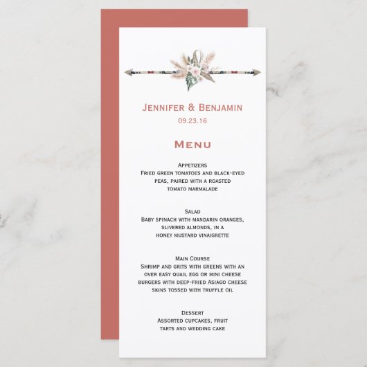Boho Tropische Veren Pijl Pampas Grass Wedding Menu (Voorkant / Achterkant)