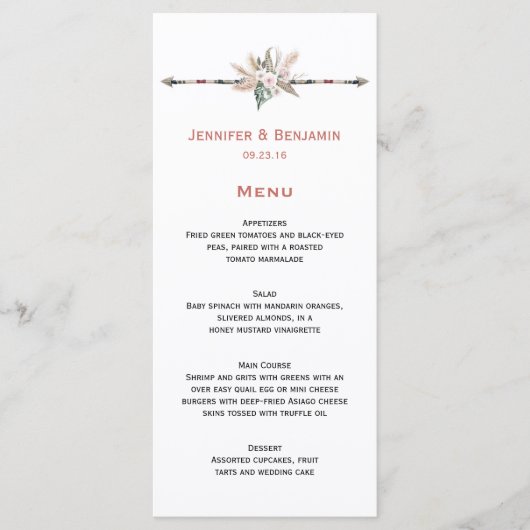 Boho Tropische Veren Pijl Pampas Grass Wedding Menu (Voorkant)