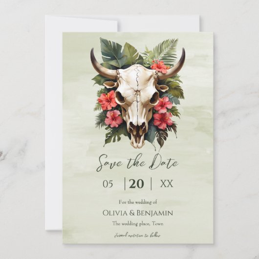 Boho Tropische Waterverf Bloemen Koe Schedel Huwel Save The Date (Voorkant)