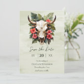 Boho Tropische Waterverf Bloemen Koe Schedel Huwel Save The Date (Staand voorkant)
