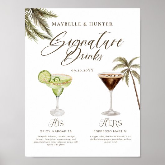 Boho Tropische Waterverf Handtekening Drinken Brui Poster (Voorkant)