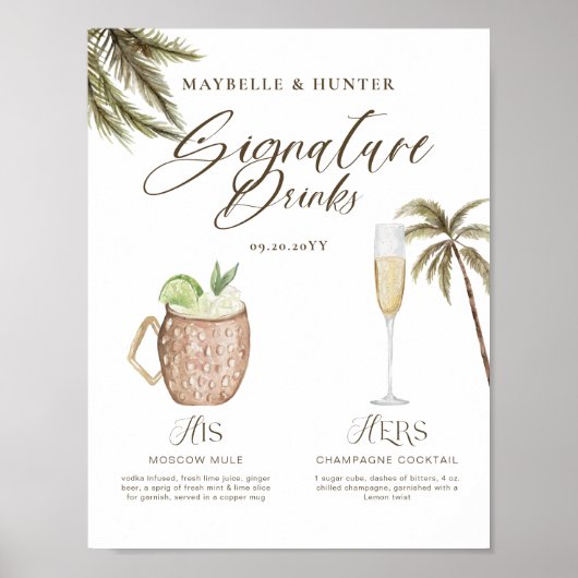 Boho Tropische Waterverf Handtekening Drinken Brui Poster (Voorkant)