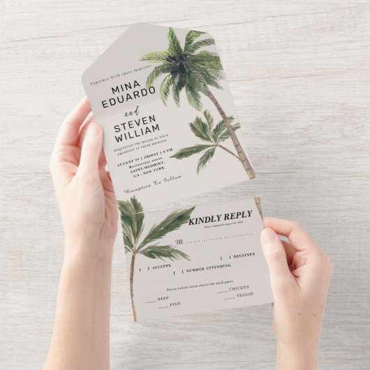 boho tropische waterverf palm beach bruiloft  all in one uitnodiging (Afscheurbaar)