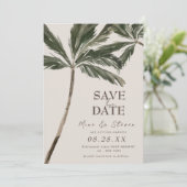 Boho Tropische waterverf Palm Tree Beach bruiloft Save The Date (Staand voorkant)