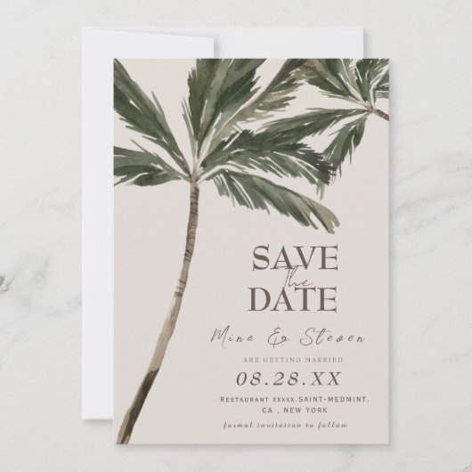 boho tropische waterverf palmboom strand bruiloft save the date (Voorkant)