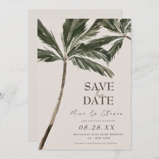 boho tropische waterverf palmboom strand bruiloft save the date (Voorkant / Achterkant)