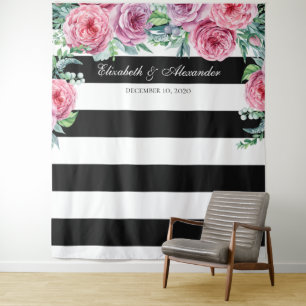 Boho trouw achtergrond. Roze bloemen achtergrond Wandkleed