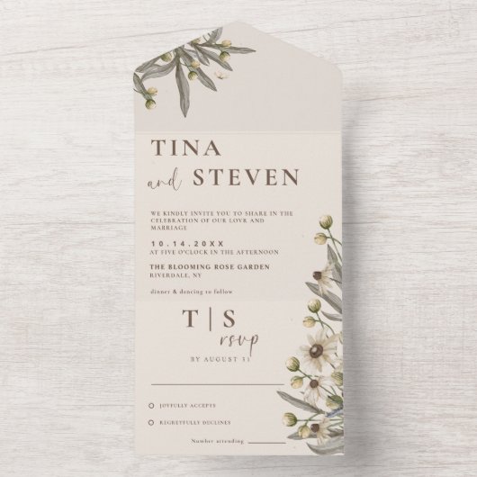 Boho Trouw Beige Botanisch All In One Uitnodiging (Binnen)