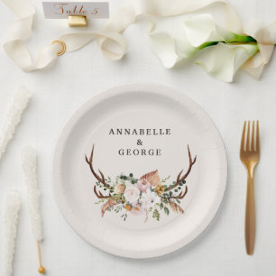 Boho Trouw Rustieke Geweihloem Huwelijksmonogram Papieren Bordje