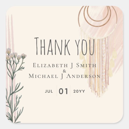 BOHO Trouw Stof Blauw Perzik Droomvanger Vierkante Sticker (Voorkant)