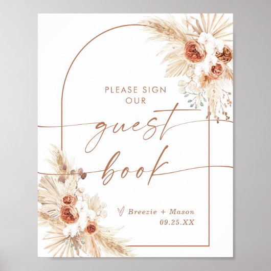 Boho trouwfeest gastenboek bord | Boog Pampas gras Poster (Voorkant)