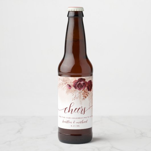 Boho Trouwfeest Pampas Gras Burgundy Bier Etiket (Voorkant)