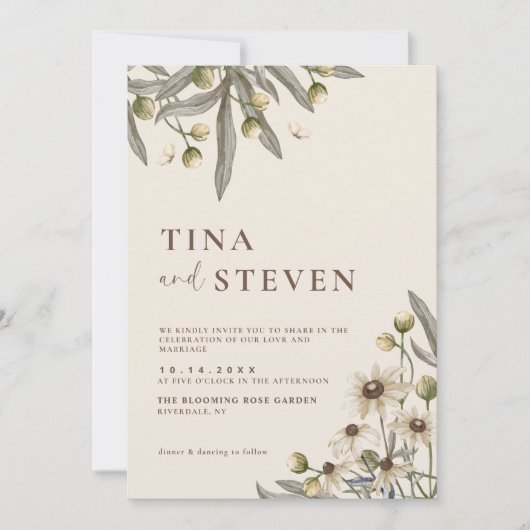 Boho Trouwkaart Beige Botanische Uitnodiging (Voorkant)