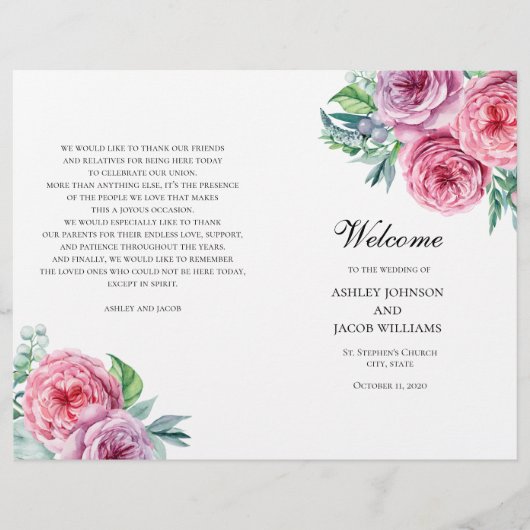 Boho trouwprogramma gevouwen. Zomer roze bloemen (Voorkant)