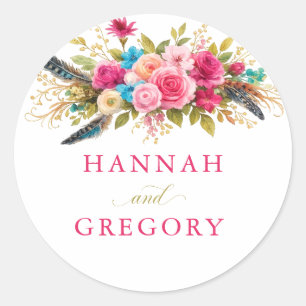 Boho Trouwsticker Veer Bloem Roze Bewerkbaar Ronde Sticker