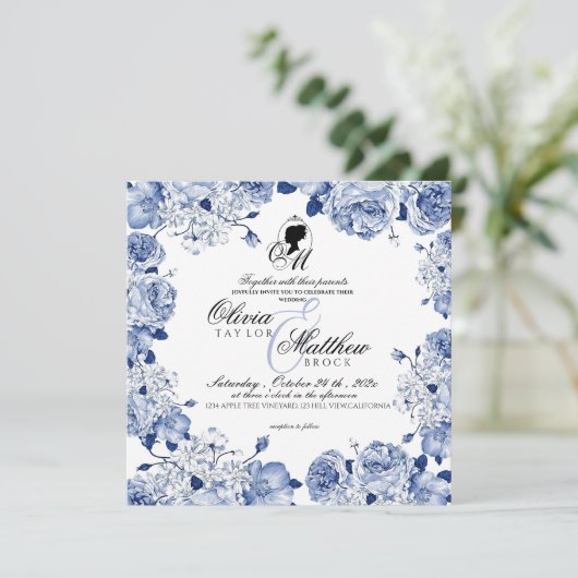 Boho Trouwtuin Bloemen Elegante Blauwe Roos Kaart (Staand voorkant)