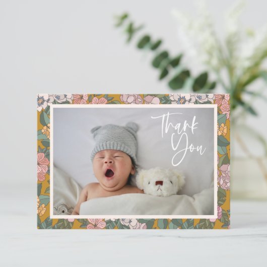 Boho  Tuin Bloemen Baby Foto Baby shower Bedankkaart (Staand voorkant)