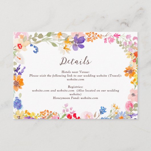 Boho tuin zomer wilde bloemen bruiloft details informatiekaartje (Voorkant)