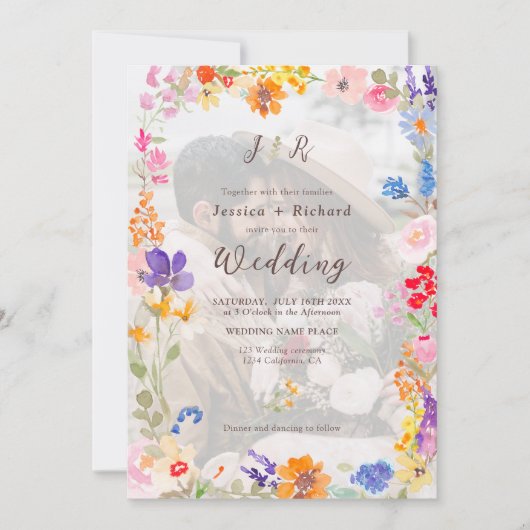 Boho tuin zomerbloemen 2 foto initialen bruiloft kaart (Voorkant)