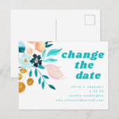 Boho turkooisblauwe en gouden waterverf bloemige b aankondigingskaart (Voorkant / Achterkant)