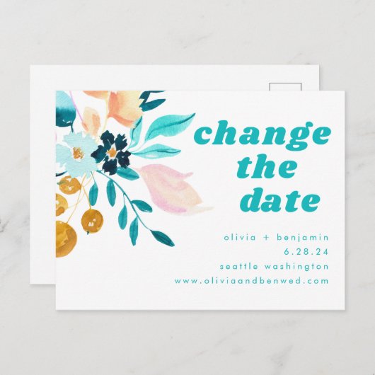 Boho turkooisblauwe en gouden waterverf bloemige b aankondigingskaart (Voorkant / Achterkant)