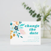 Boho turkooisblauwe en gouden waterverf bloemige b aankondigingskaart (Staand voorkant)