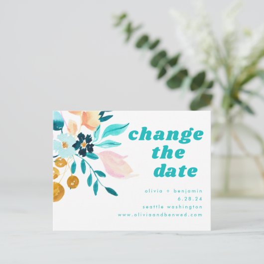 Boho turkooisblauwe en gouden waterverf bloemige b aankondigingskaart (Staand voorkant)