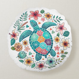 Boho Turquoise Bloemige Zeeschildpad - Kust Rond Kussen