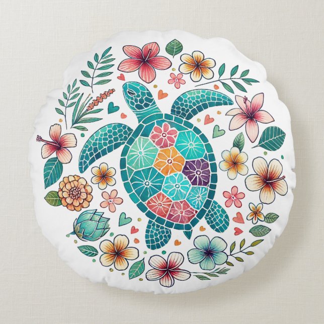 Boho Turquoise Bloemige Zeeschildpad - Kust Rond Kussen (Voorkant)