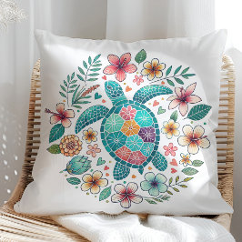 Boho Turquoise Bloemrijke Zee Schildpad - Kust Kussen