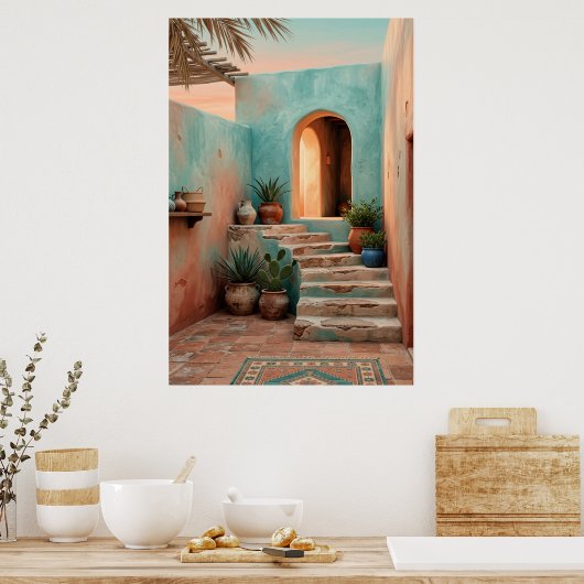 Boho Turquoise Desert Courtyard, Rustic Staircase  Poster (Keuken)