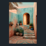 Boho Turquoise Desert Courtyard, Rustic Staircase Poster<br><div class="desc">Boho turquoise desert courtyard with rustic stone staircase, terracotta pots, cactus and agave plants, under a soft sunset sky. Weathered walls, woven baskets, and patterned rug create a cozy Southwestern vibe. Perfect for living room, entryway, or boho bedroom decor—high-resolution digital illustration. Invite warm desert charm into your modern home with...</div>
