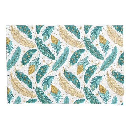 Boho Turquoise en Gouden Veren Kussensloop (Voorkant-Links)