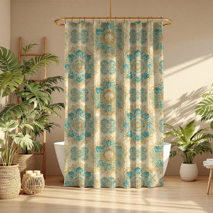 Boho Turquoise en Zand Beige Mandala Douchegordijn