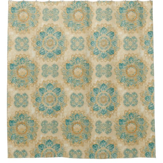 Boho Turquoise en Zand Beige Mandala Douchegordijn (Voorkant)