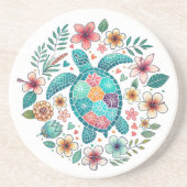 Boho Turquoise Floral Sea Turtle - Coastal Round Zandsteen Onderzetter (Voorkant)