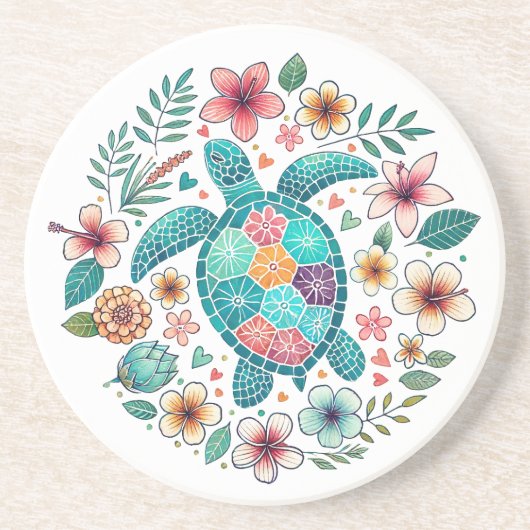 Boho Turquoise Floral Sea Turtle - Coastal Round Zandsteen Onderzetter (Voorkant)