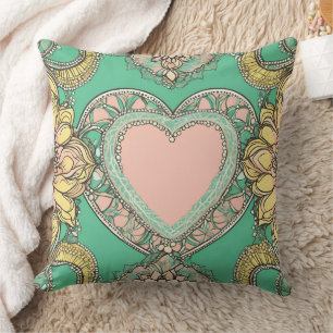 Boho turquoise & gele hart mandala bloem AI-kunst  Kussen