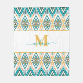 Boho Turquoise Mosterd Etnisch Abstract Monogram Fleece Deken (Voorkant)