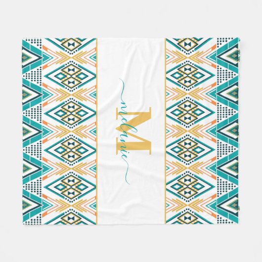Boho Turquoise Mosterd Etnisch Abstract Monogram Fleece Deken (Voorkant (Horizontaal))