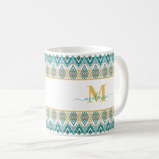 Boho Turquoise Mosterd Etnisch Abstract Monogram Koffiemok (Voorkant rechts)