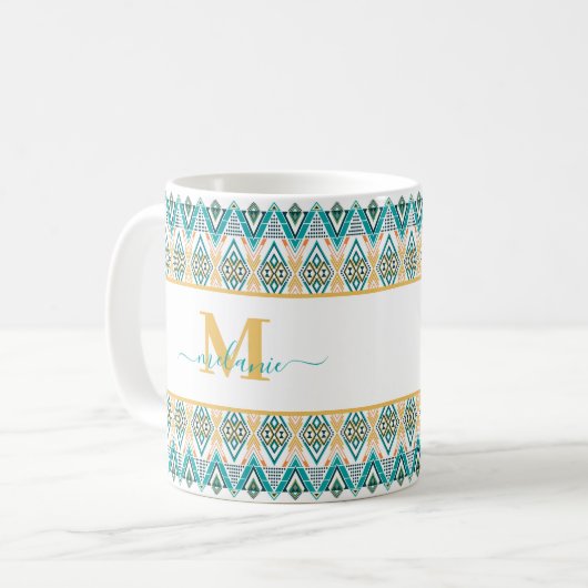 Boho Turquoise Mosterd Etnisch Abstract Monogram Koffiemok (Voorkant links)