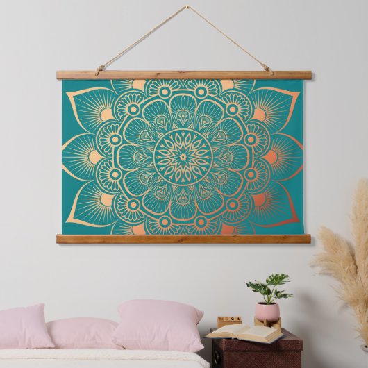 Boho Turquoise Perzik Mandala Hout Topped Hangend Wandkleed (Slaapkamer)