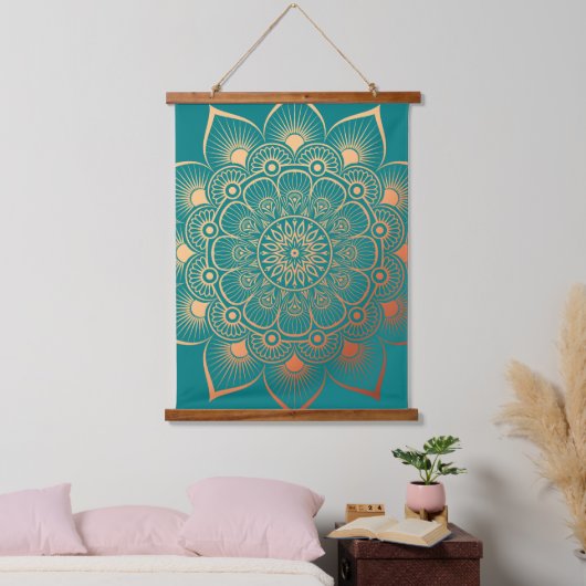 Boho Turquoise Perzik Mandala Hout Topped Hangend Wandkleed (Slaapkamer)