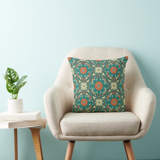 Boho Turquoise & Verbrand Oranje Mandala Bloemmoti Kussen (Stoel)