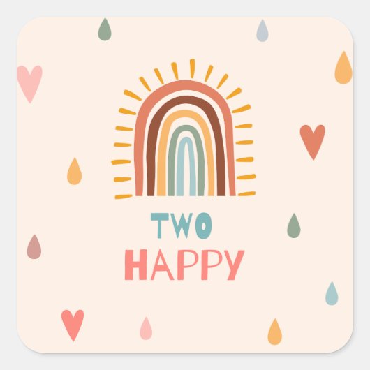 Boho Twee Tweede Verjaardag Regenboog Vierkante Sticker (Voorkant)