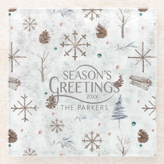 Boho Twigs & Pinecone Kerstmis ID986 Glazen Onderzetter (Voorkant)