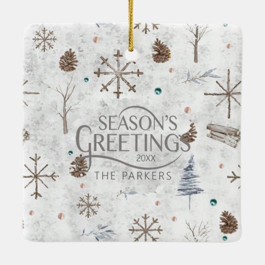 Boho Twigs & Pinecone Kerstmis ID986 Keramisch Ornament (Achterkant)